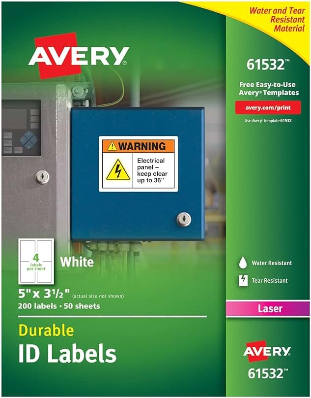 Avery Durable White Cover Up ID Labels for Laser Printers, 5 x 3.5, Pack of 200 (61532) - Product Image