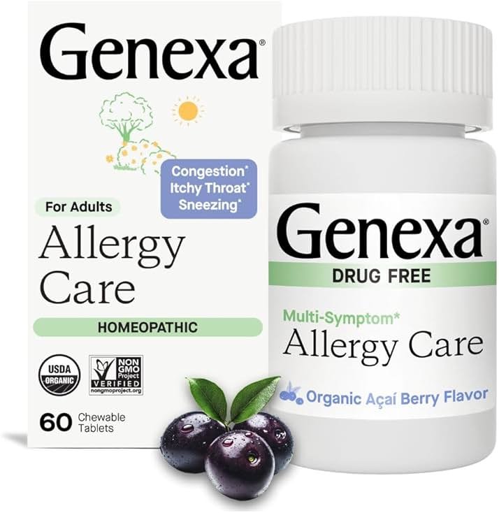 Genexa Allergy Care | Drug Free, Non-Drowsy Allergy & Decongestant Remedy for Adults | Vegan & Non-GMO | Homeopathic Allergy Relief Made Clean | Organic Acai Berry Flavor | 60 Chewable Tablets - Product Image