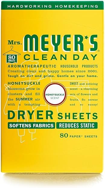 MRS. MEYER'S CLEAN DAY Dryer Sheets, Fabric Softener, Reduces Static, Infused with Essential Oils, Honeysuckle, 80 Count - Product Image