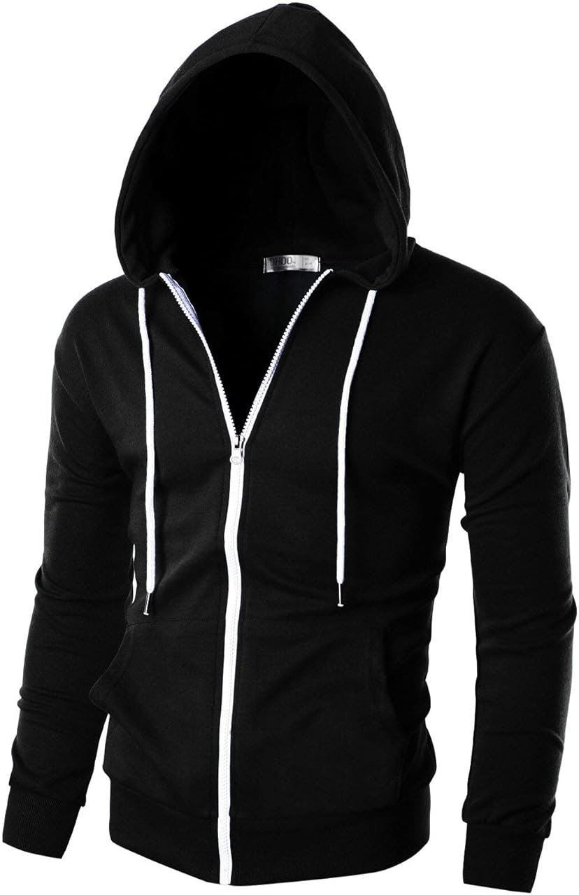 Ohoo Mens Slim Fit Zip Up Hoodie Cotton Blend Soft Fabric Basic Layering Comfy Jacket with Hidden Smart Pocket - Product Image