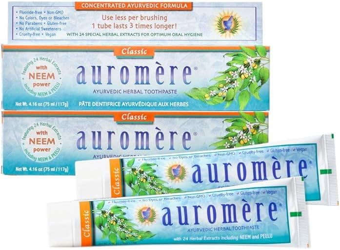 Auromere Ayurvedic Herbal Neem & Clove Toothpaste - All Natural Fluoride Free Toothpaste for Adults and Kids, Suitable for Sensitive Teeth, SLS-Free, Non GMO, Vegan, Cruelty-Free - 5 Pack - Product Image