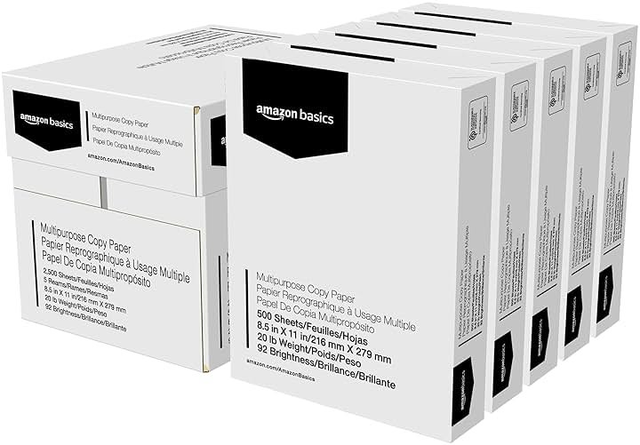 Amazon Basics Multipurpose Copy Printer Paper, 20 lb, 8.5 x 11 Inches, 5 Reams (2,500 Sheets), 92 Bright White - Product Image
