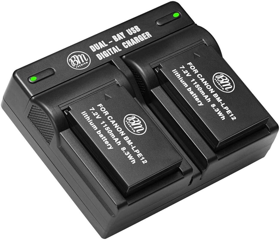 BM Premium 2-Pack of LP-E12 Batteries and Dual Bay Battery Charger | Compatible with Canon EOS-M, EOS M2, EOS M10, EOS M50, EOS M50 Mark II, EOS M100, EOS M200, SX70 HS, SL1 Cameras - Product Image