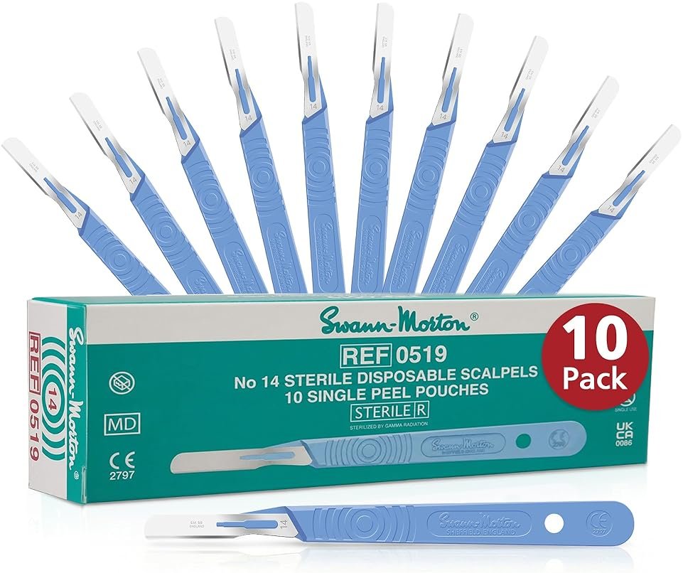 SWANN-MORTON #14 Disposable Surgical Scalpel with Blade - Sterile Dermaplane Blade for Face, Dermaplaning for Women & Men, Beauty Tools for Estheticians - Individually Packed, Box of 10 - Product Image