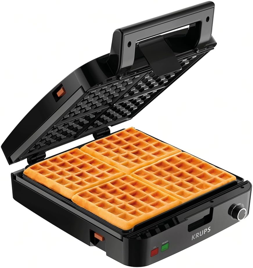 KRUPS 4-Slice Belgian Waffle Maker: Stainless Steel, 5 Browning Levels, Audible Ready Beep, Removable Plates, 1200W, Silver/Black, Large Waffle Maker Family Size, Great for Family Breakfasts - Product Image