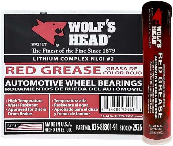 Wolf’s Head Red Grease NLGI #2 (836-88301-91) Premium Tacky Red Grease for Long-Lasting Lubrication, High Temp Protection & Heavy Duty Wheel Bearing/Chassis Use – Made in USA – 14 oz Tube, Pack of 10 - Product Image