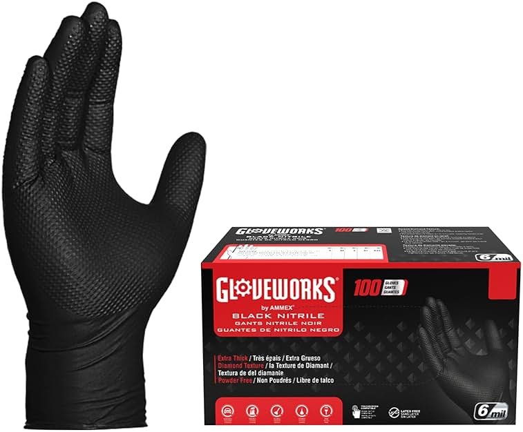 GLOVEWORKS 6 Mil Black Nitrile Disposable Gloves, Raised Diamond Grip Medium Duty Bulk for Automotive Cleaning & Food Service - Product Image