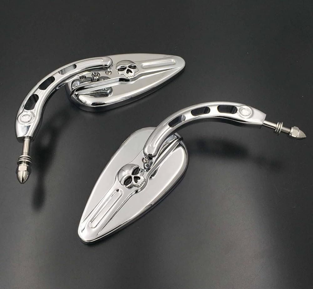 HTTMT MT383D- Chrome Skull Side Mirrors Compatible with Harley Davidson 1982-later all models (except VRSCF,2014-later FLHTKSE,FLHRSE6, FLHR and FLHRC models and XL1200X mounted below the handlebars) - Product Image