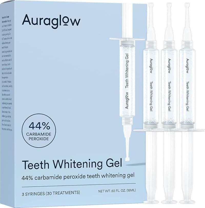 Auraglow 44% Teeth Whitening Gel for Trays, Retainers & Aligners – Dentist Strength Carbamide Peroxide Whitener, 30 Treatments, 3 Syringes (5mL) - Product Image