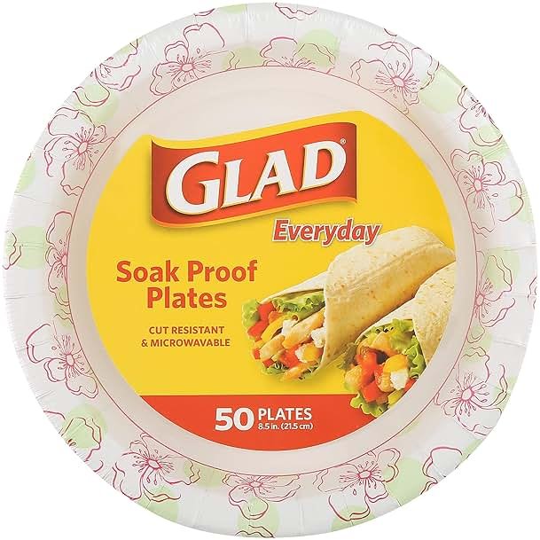 Glad Disposable Paper Plates, Pink Floral Pattern, 8.5 Inch Round, Soak Proof Coating, Microwave Safe, Cut Resistant, Sturdy for Dinner, Parties, and Everyday Meals, 50 Count - Product Image