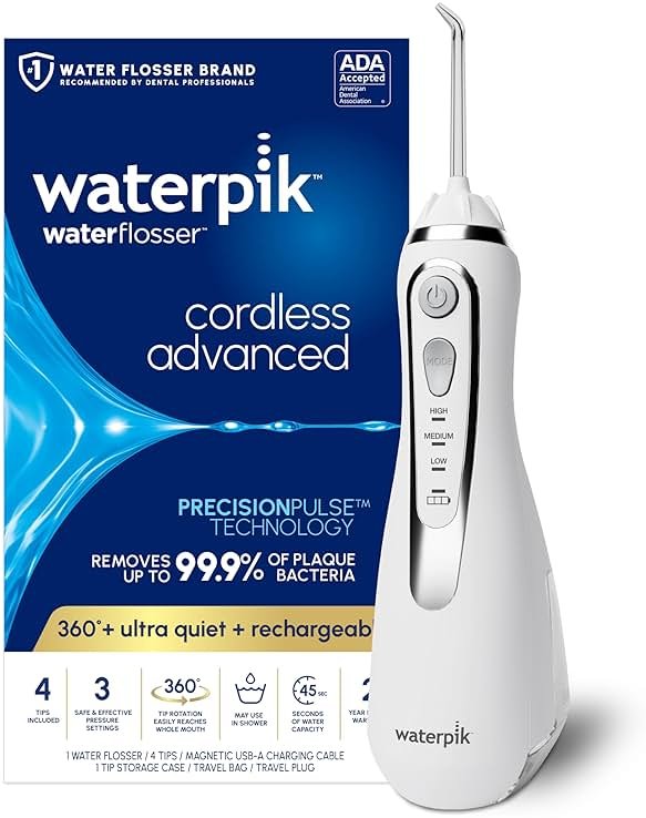 Waterpik Cordless Advanced 2.0 Water Flosser For Teeth, Gums, Braces, Dental Care With Travel Bag and 4 Tips, ADA Accepted, Rechargeable, Portable, and Waterproof, White WP-580, Packaging May Vary - Product Image