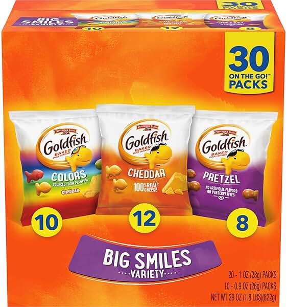 Goldfish Crackers Big Smiles Variety Pack with Cheddar, Colors, and Pretzels, Snack Packs, 30 Ct - Product Image