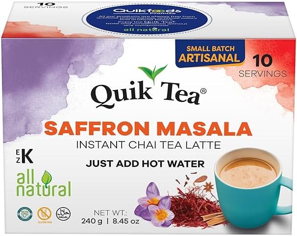 QuikTea Instant Saffron Masala Chai Tea Latte, 10 Single-Serve Sachets, Artisanal Indian Chai Latte Mix, Just Add Hot Water, Low Caffeine, Non-GMO, Gluten Free - Product Image