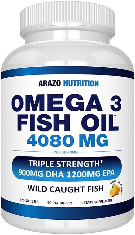 Arazo Nutrition Wild Caught Omega-3 Fish Oil Concentrate – 4,080mg per Serving – High EPA 1200mg & DHA 900mg – 120 Burpless Lemon Softgels - Product Image