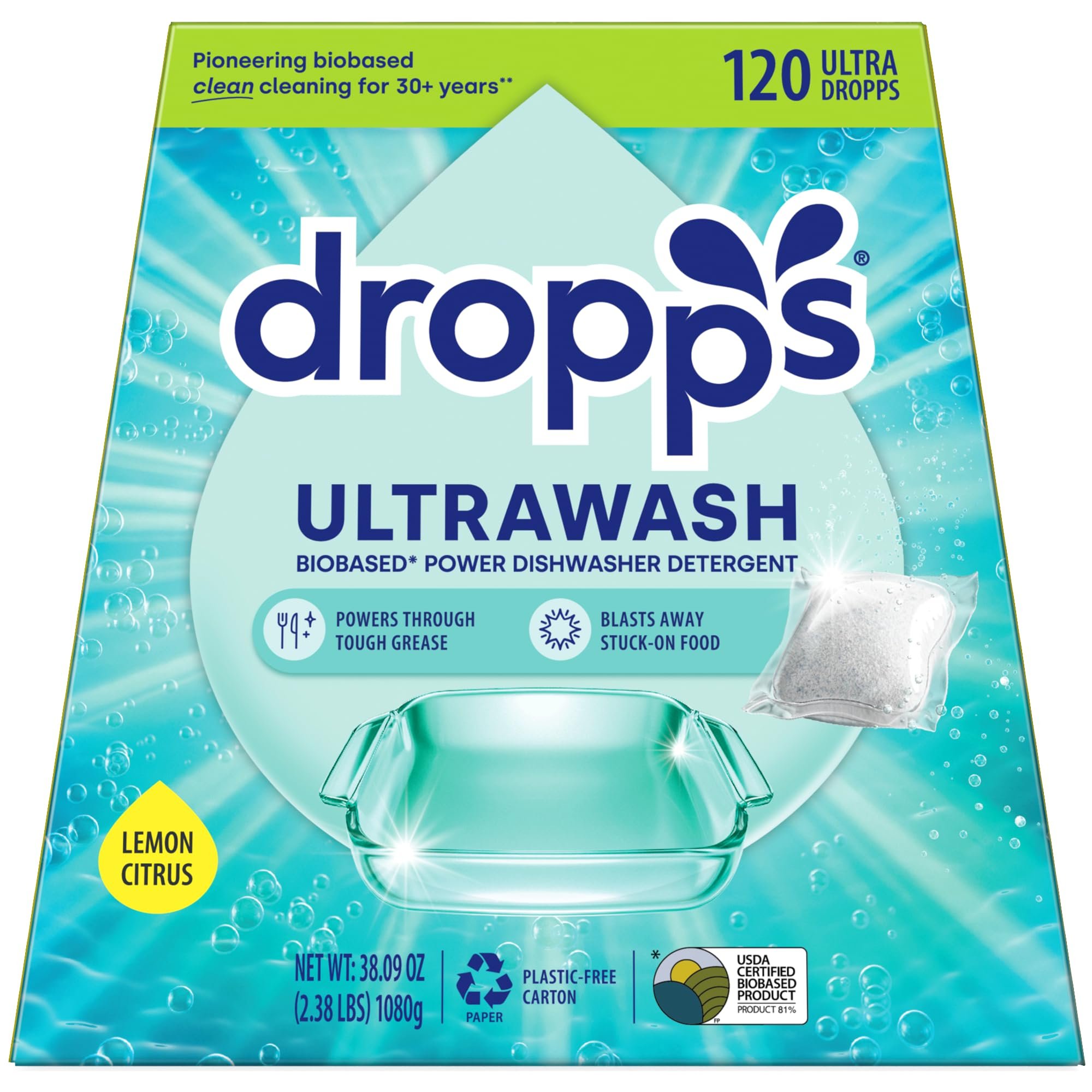 Dropps UltraWash Dishwasher Detergent Pods, Lemon Citrus (120 Ct) - Cuts Grease & Stuck-On Food | Sparkling Dishes & Glasses | Residue-Free | Clean Ingredients | No Pre-Rinse | Plastic Free Packaging - Product Image