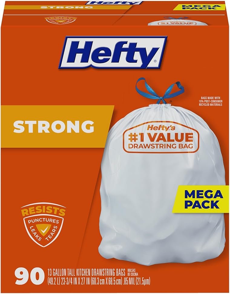 Hefty Strong 13 Gallon Trash Bags, Tall Kitchen, Drawstrings, Durable Closure, Resists Leaks, Punctures, Tears, White, Unscented, 90 Count - Product Image