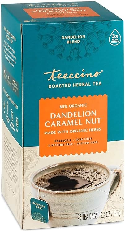 Teeccino Dandelion Caramel Nut Tea, 25 Tea Bags - Caffeine Free, Roasted Herbal Tea with Prebiotics, 3x More Herbs than Regular Tea Bags, Gluten Free, Great Hot or Iced, Herbal Tea - Product Image
