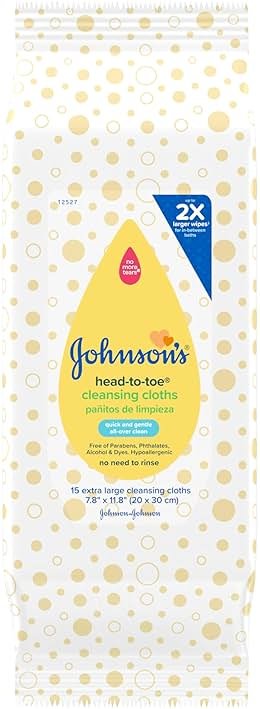 Johnson's Baby Head-to-Toe Gentle Cleansing Cloths, No Rinse, Disposable Pre-Moistened Baby Bath Wipes, Hypoallergenic Newborn Essentials, Head-to-toe Wipes, Paraben-Free 15 ct - Product Image
