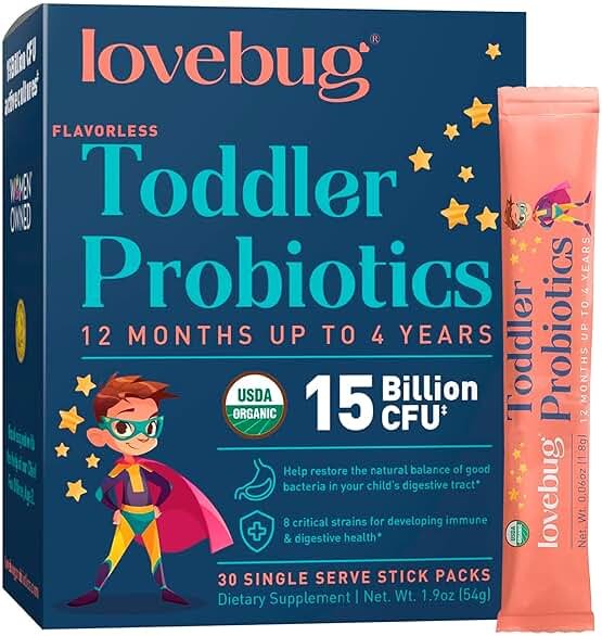 LOVEBUG Kids Probiotic Powder with Prebiotic Fiber - Toddler Immunity Support & Constipation Relief - USDA Organic Probiotics for Childrens Gut & Digestive Health (Ages 1-4) - 30 Pack (Unflavoured) - Product Image