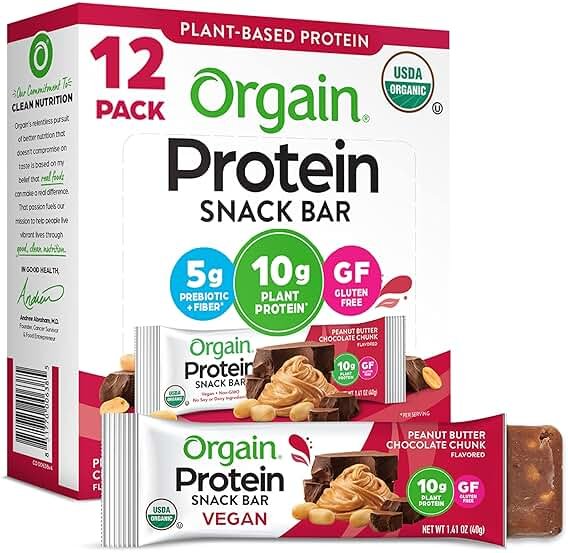 Orgain Organic Vegan Protein Bars, Peanut Butter Chocolate Chunk - 10g Plant Based Protein, Low Calorie Healthy Snacks, No Lactose or Soy Ingredients, Gluten Free, Non-GMO - 1.41 Oz (Pack of 12) - Product Image