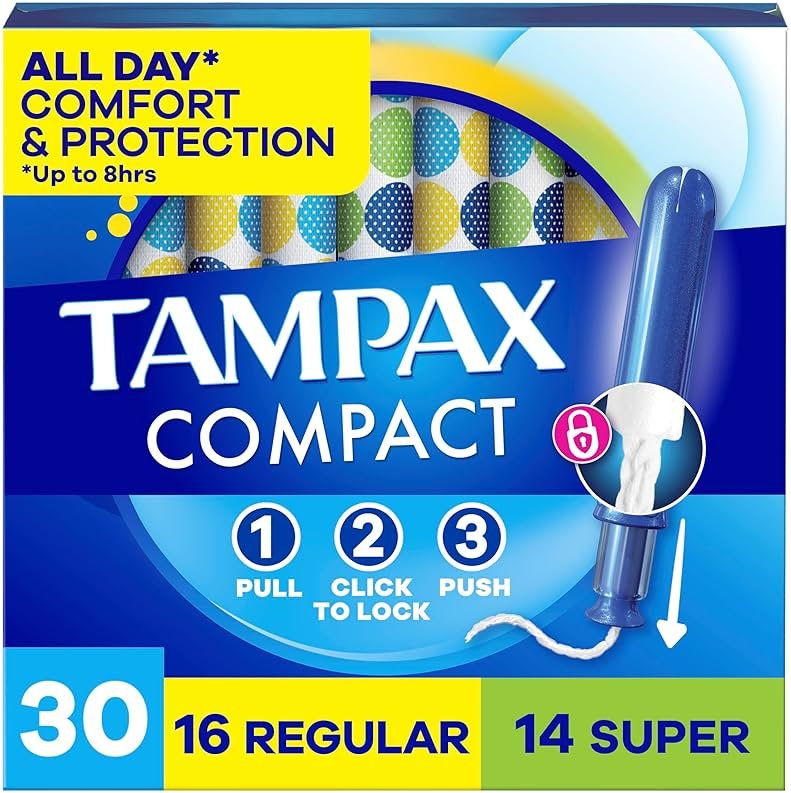 Tampax Compact Pearl Tampons Multipack, with LeakGuard Braid & Extendable Applicator, Regular/Super Absorbency, Compact Extendable Applicator, Unscented, 30 Count - Product Image