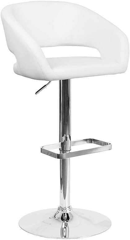 Flash Furniture Erik Contemporary Adjustable Height Barstool with Footrest and Rounded Mid-Back, Upholstered Bar or Counter Height Stool, White/Chrome - Product Image