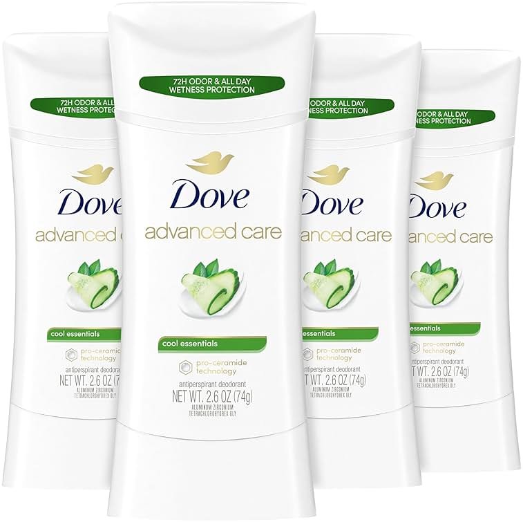Dove Advanced Care Antiperspirant Deodorant Stick Cool Essentials 4 ct for helping your skin barrier repair after shaving 72 hour odor control and sweat protection with Pro Ceramide Technology 2.6 oz - Product Image