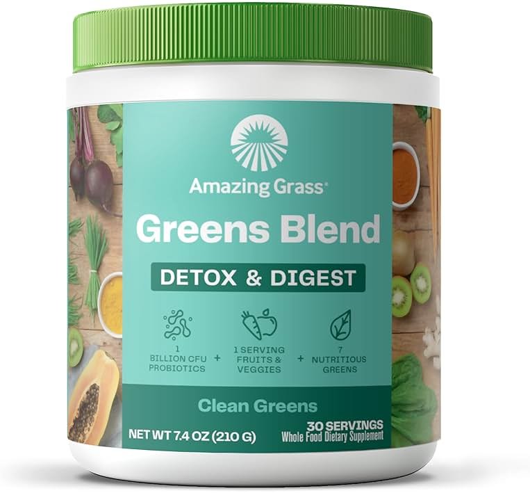 Amazing Grass Greens Blend Detox & Digest, Smoothie Mix, Cleanse with Super Greens Powder, Digestive Enzymes & Probiotics, Clean Greens, 30 Servings, 7.4 Ounce (Packaging May Vary) - Product Image