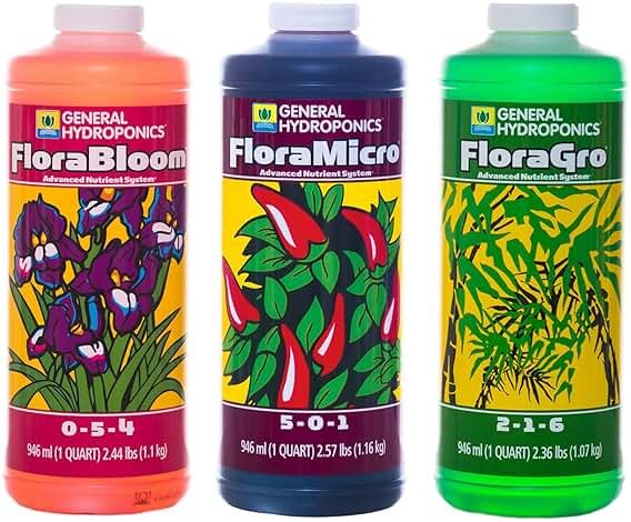 General Hydroponics Flora Series: FloraMicro, FloraBloom, FloraGro - 3-Part Hydroponic Nutrient System, 1 qt. Bottles - Product Image