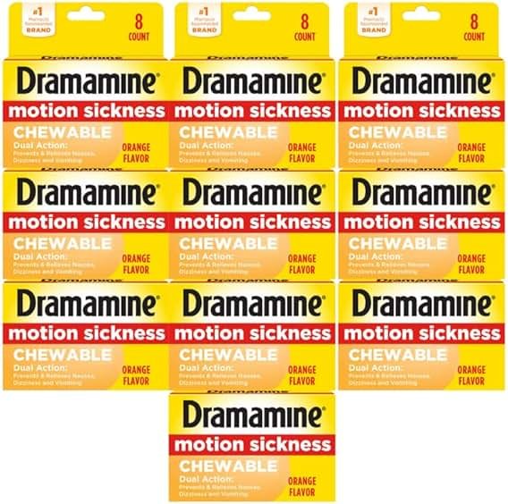 Dramamine Chewable Formula Motion Sickness Relief, 8 Orange Flavored Tablets Each (Value Pack of 10) - Product Image