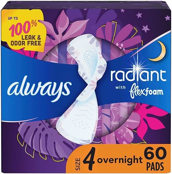 Always Radiant Feminine Pads for Women, Flexfoam Pads with Wings, Size 4, Overnight Absorbency, Lightly Scented, 60 Count (3 Packs of 20) - Product Image