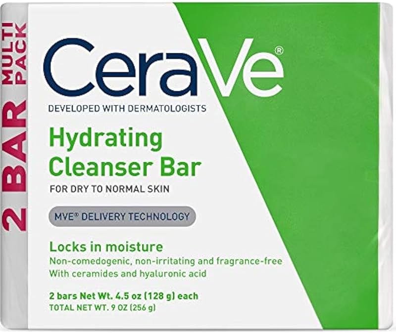 CeraVe Hydrating Cleanser Bar, Soap-Free Body and Facial Cleanser with 5% Moisturizing Cream, Fragrance-Free, 2-Pack, 4.5 Ounce Each - Product Image