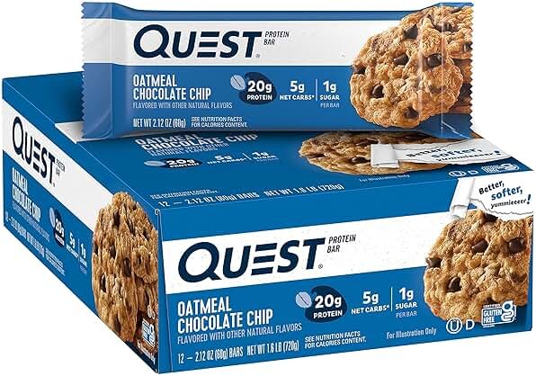 Quest Nutrition Oatmeal Chocolate Chip Protein Bars, 20g Protein, 1g Sugar, 5g Net Carb, Gluten Free, Keto Friendly, 12 Count - Product Image