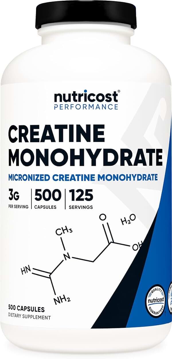 Nutricost Micronized Creatine Monohydrate 3,000mg 500 Capsules, 125 Servings, 750mg of Creatine Monohydrate Per Capsule - Product Image