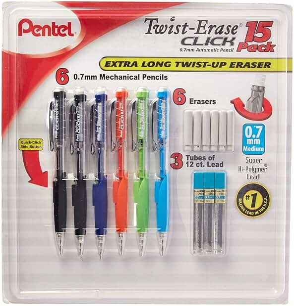 Pentel Twist-Erase Click Mechanical Pencils 0.7mm, HB #2, School Supplies, Teacher Supplies, Drawing Sketching pencils, Assorted Barrel Colors- 6 Mechanical Pencils, 6 Erasers, 3 Tubes of Lead Refills - Product Image