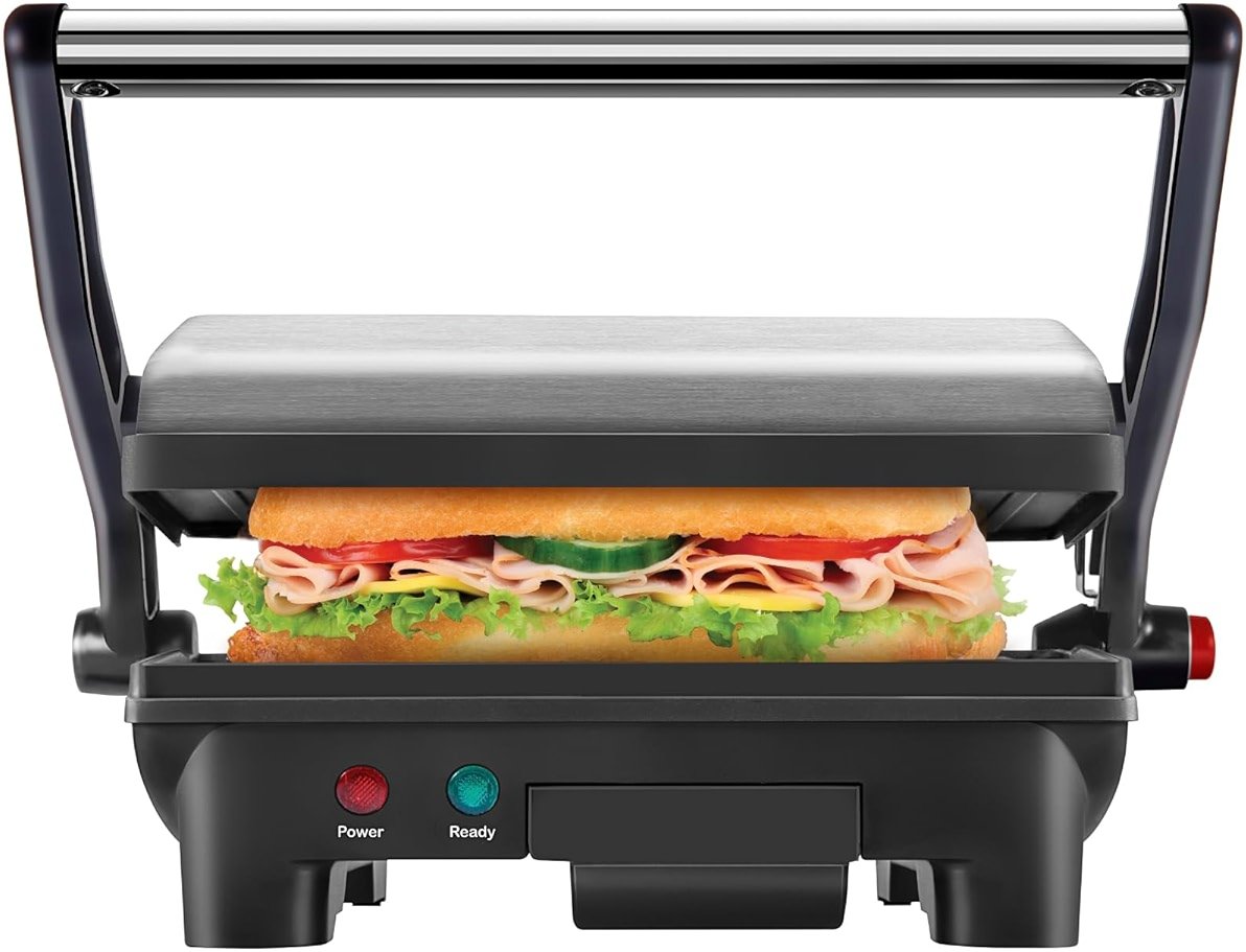 Chefman Electric Panini Press Grill, Compact 2-Slice Sandwich Maker, Non-Stick Coated Plates, Opens 180 Degrees, Dishwasher Safe, Removable Drip Tray, Stainless Steel/Black - Product Image