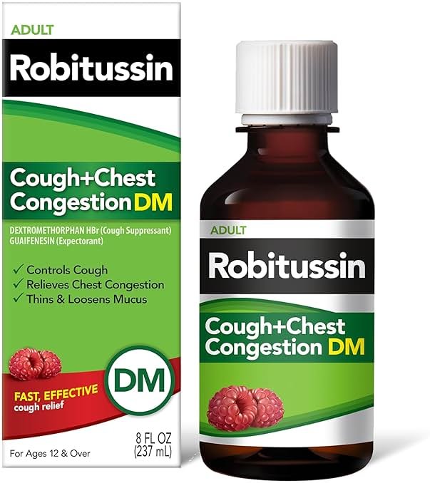 Robitussin Cough and Chest Congestion DM, Cough Suppressant and Expectorant, Raspberry Flavor - 8 Fl Oz Bottle - Product Image
