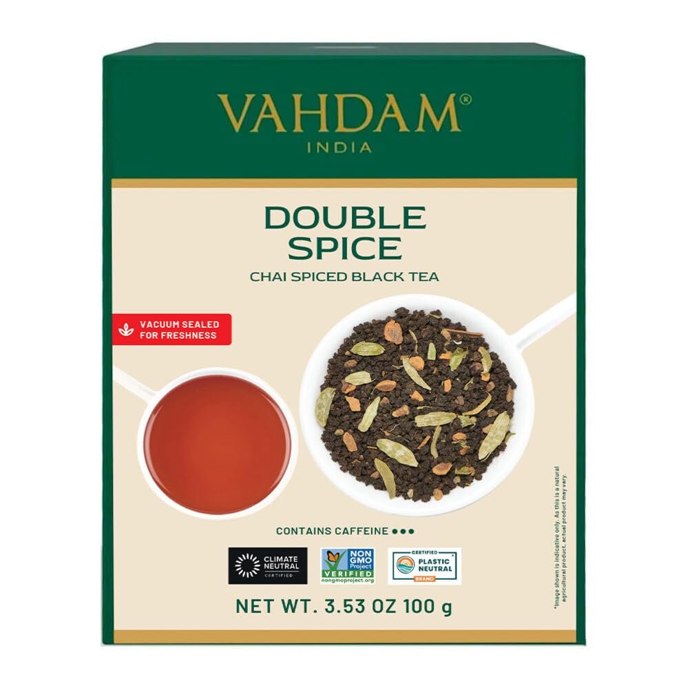 VAHDAM, Double Spice Masala Chai Tea (50+ Cups, 3.53oz) Strong, Robust & Spicy Blend - Black Tea CTC, Cardamom, Cinnamon, Cloves & Black Pepper | Pure Unblended Loose Leaf Tea | Vacuum Sealed - Product Image