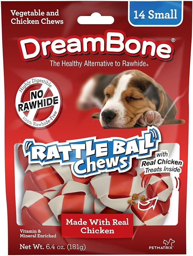 DreamBone Chicken RattleBall Dog Treats, Daily Rawhide-Free Chew, Digests Safely, With Real Protein, Chicken and Veggies, 14 count - Product Image