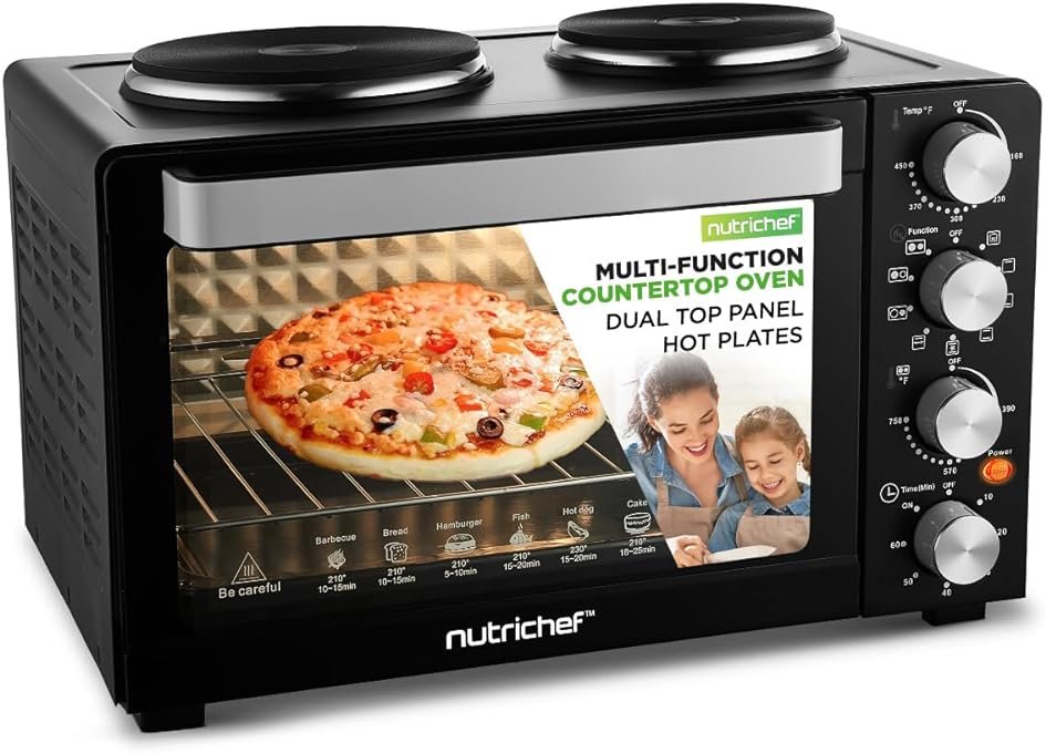 NutriChef 30 Quart Kitchen Convection Oven & 2 Burner Cooker - 1500 Watt Oven - 7 Cook Functions Rotisserie, Cook, Bake, Broil & More - Includes Baking Tray, Skewers & Handles - 19.6 x 16.0 x 13.5 IN - Product Image