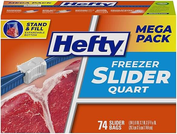 Hefty Slider Quart Freezer Bags, 74 Count, Quart Slider Bags for Freezer, Holds Individual Leftovers, Sliced Fruits and Veggies, and More, Writable Label, Secure Zip and Click Closure - Product Image