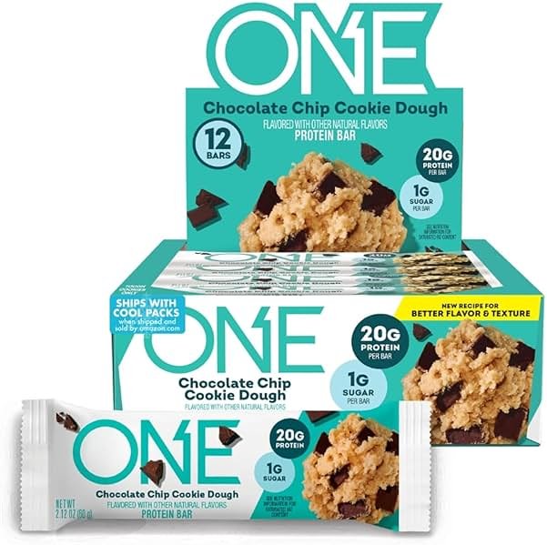 ONE Protein Bars, Chocolate Chip Cookie Dough, Gluten Free with 20g Protein and 1g Sugar, Pantry Staples, 2.12 oz (12 Count) - Product Image
