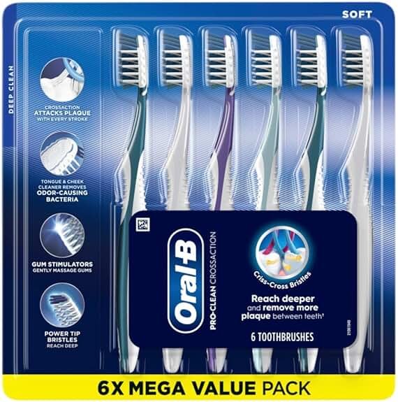 Oral-B Pro Clean CrossAction Manual Toothbrush, 6- Pack, Medium Soft Bristle Brushes for Adults, Deep Plaque Removal, Daily Gum Health and Fresh Breath, Travel Toiletries - Product Image