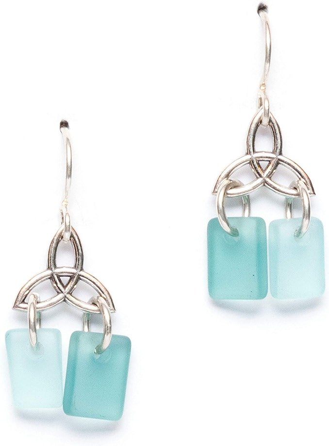 Sea Glass Celtic Knot Earrings - Sterling Drop Beach Earrings for Women by EcoSeaCo, using recycled and sustainable material. Handmade in the USA - Product Image