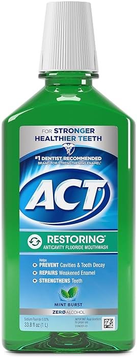ACT Restoring Zero Alcohol Fluoride Mouthwash 33.8 fl. oz. Strengthens Tooth Enamel, Mint Burst - Product Image
