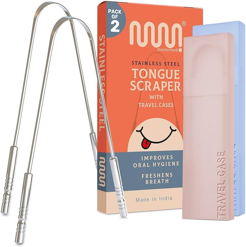 MasterMedi Tongue Scraper for Adults with Multicolor Travel Cases (2 Pack), 100% Stainless Steel, Reduce Bad Breath, Tongue Scrubber, Easy to Use, Tongue Cleaner for Oral Care & Hygiene - Product Image