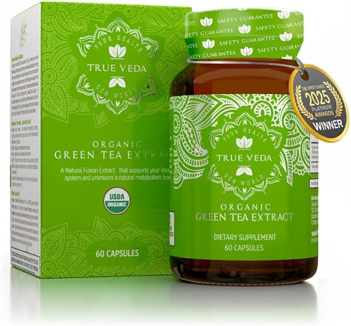 True Veda USDA Organic Green Tea Extract Capsules with EGCG | Premium Plant-Based Green Tea Pills | High Quality EGCG Supplements | Low Caffeine | 60 Vegan Capsules - Product Image