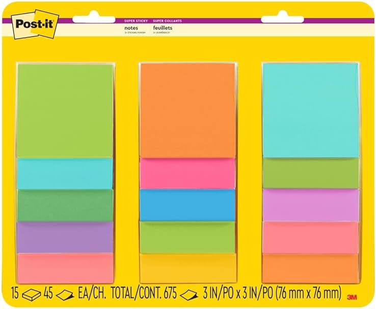 Post-it Super Sticky Notes, 15 Sticky Note Pads, 3 x 3 in, School Supplies, Office Products, Notes for Vertical Surfaces, Monitors, Walls and Windows, Supernova Neons and Energy Boost Collections - Product Image