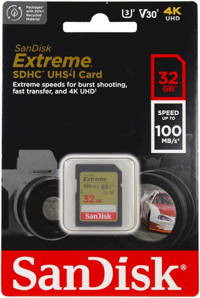 SanDisk 32GB Extreme SDHC UHS-I Memory Card - 90MB/s, C10, U3, V30, 4K UHD, SD Card - SDSDXVE-032G-GNCIN - Product Image