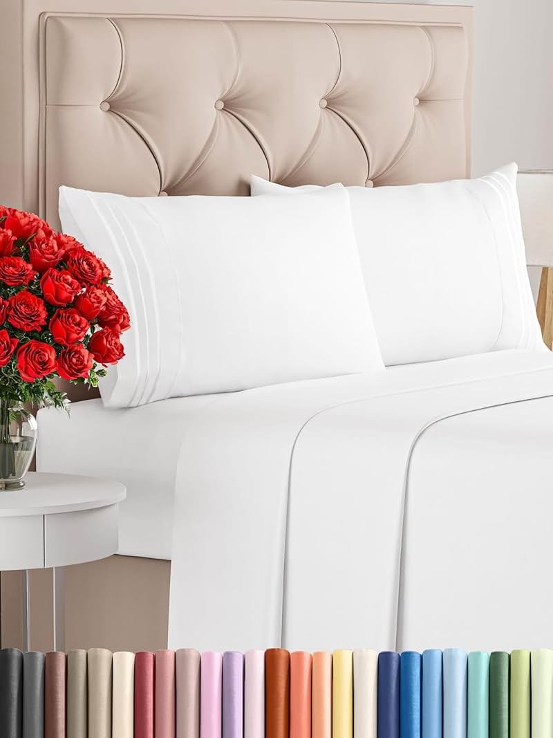 King Size 4 Piece Sheet Set - Comfy Breathable & Cooling Sheets - Hotel Luxury Bed Sheets for Women & Men - Deep Pockets, Easy-Fit, Extra Soft and Wrinkle Free Sheets - White Oeko-Tex Bed Sheet Set - Product Image